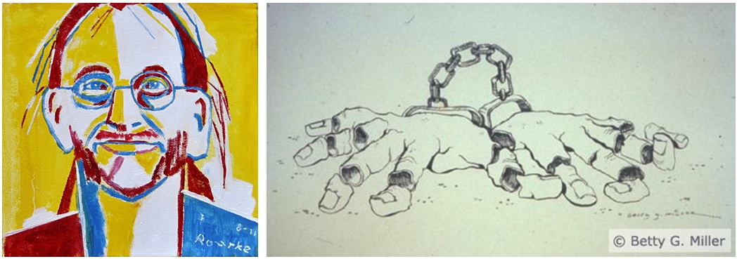 collage di due disegni legati all'arte sorda: ritratto di paddy ladd e disegno di mani ammanettate con le dita tagliate, rappresentano la proibizione di usare la lingua dei segni