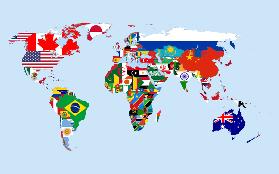 Mappa del mondo con le bandiere in rappresentanza degli Stati.