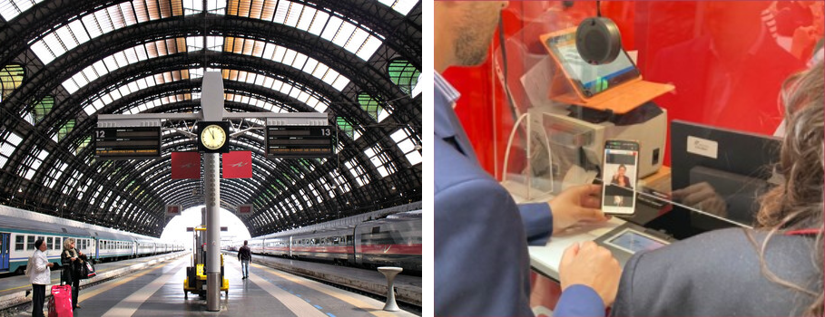 foto della stazione di milano e esempio di utilizzo del servizio di video-interpretariato in lis lingua dei segni italiana per i clienti sordi 